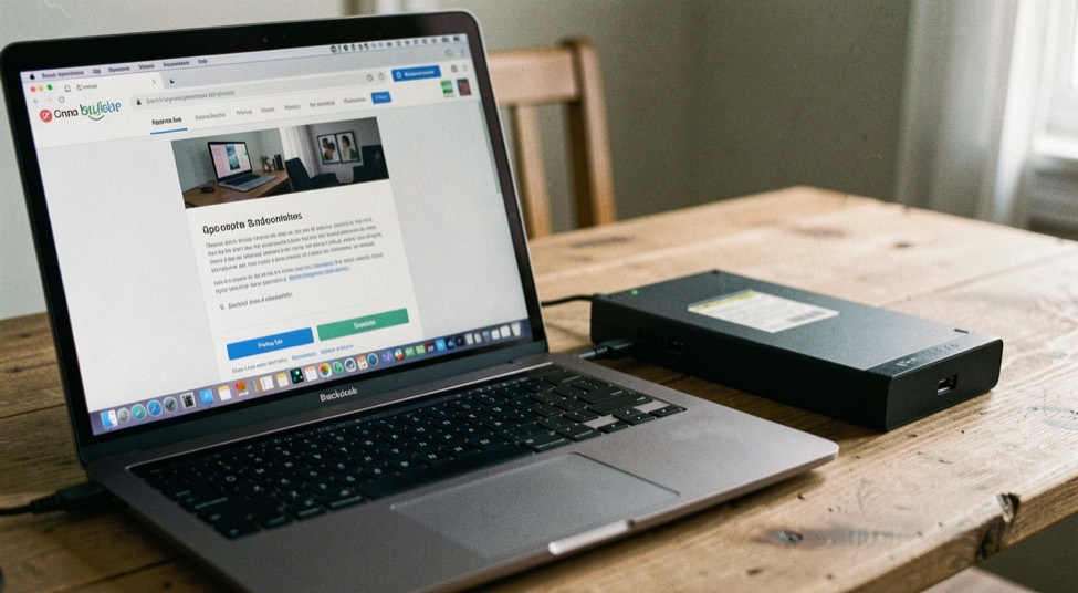 A laptop receiving an update beside an external backup drive