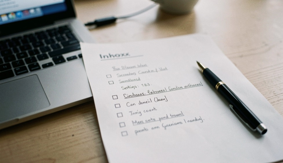 An inbox settings checklist beside a laptop and a pen