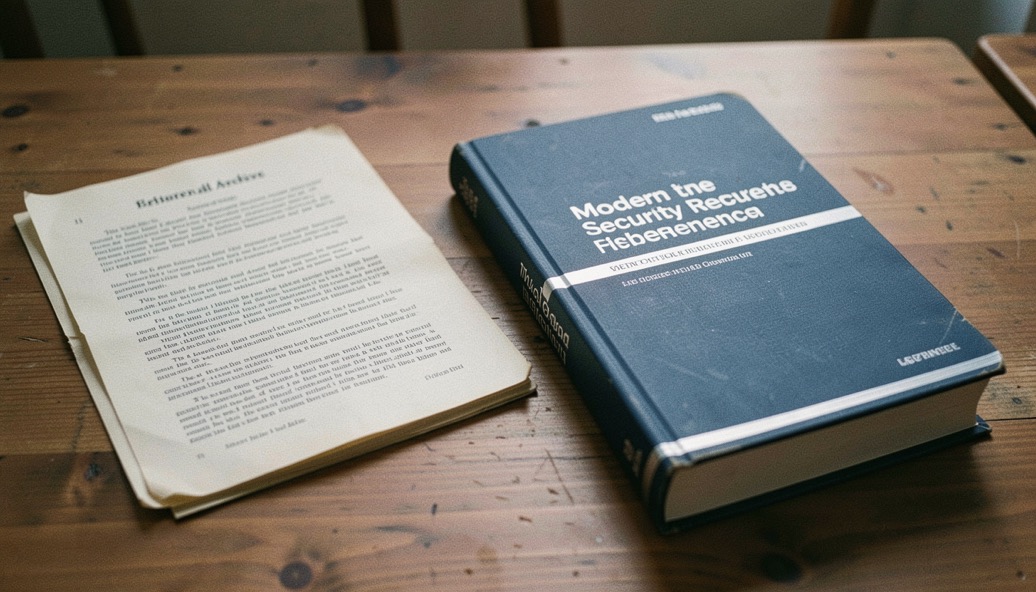 A dial-up modem and a printed terminal menu beside an archive note on community computing