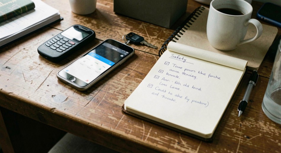 A tabletop with a phone, security key, notebook, and short handwritten safety checklist