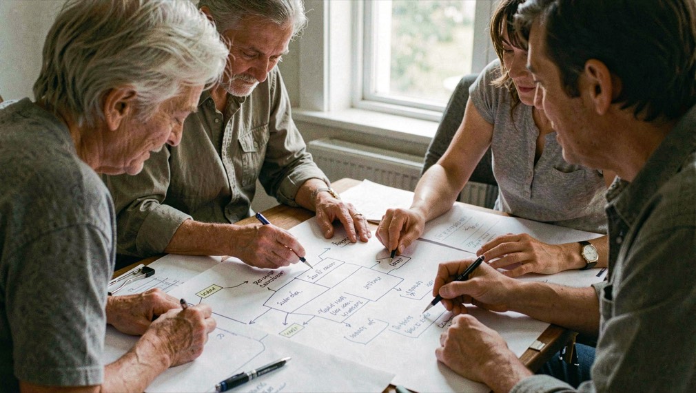 A small team arranging response roles on a paper plan