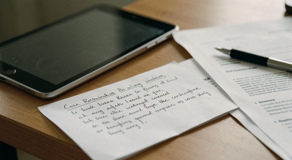 A printed satellite scene on a desk beside a marked-up verification note and a tablet