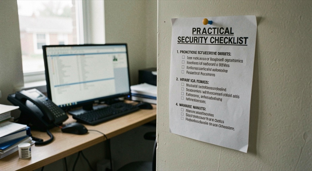 An application folder with bank mandate notes beside a laptop on a small office desk