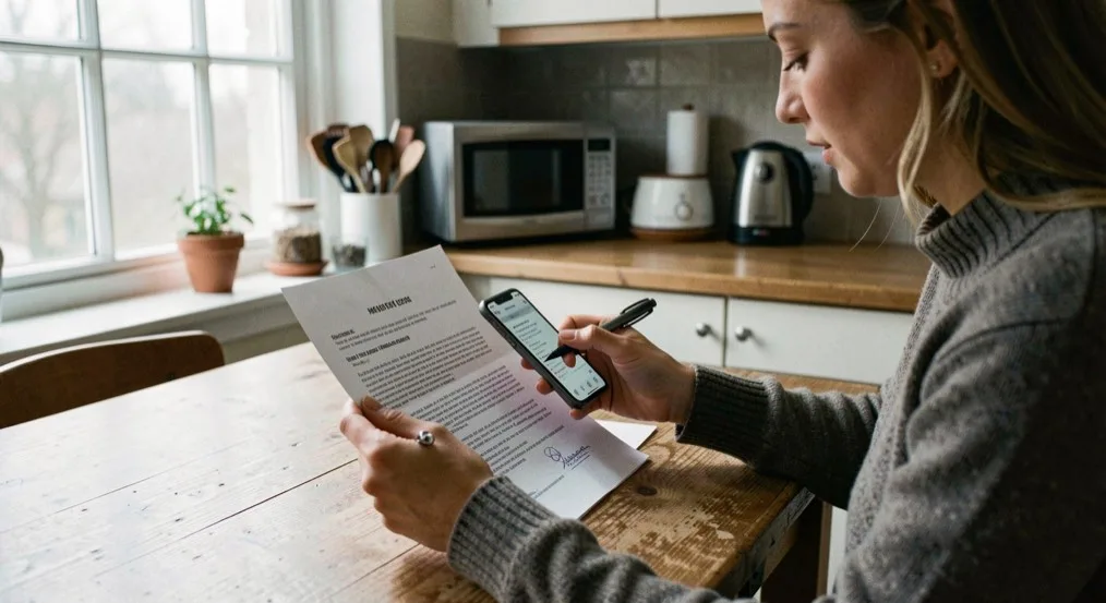 A woman at a kitchen table comparing a printed proposal with the screen of her phone, pen in hand, soft overcast daylight from a window